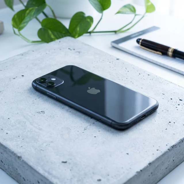 Refurbished Apple iPhone 11 64GB Black being used, demonstrating Face ID and iOS interface