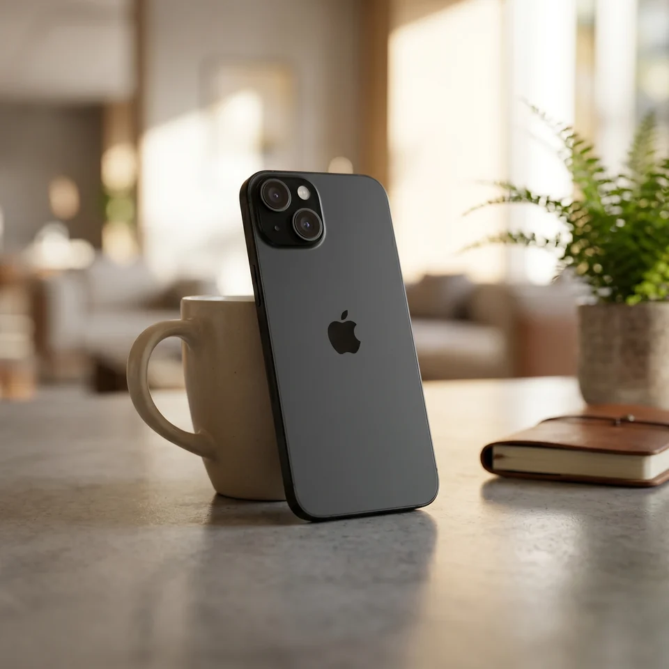 Person using a refurbished black iPhone 15 to take a photo, showcasing the device in daily use.