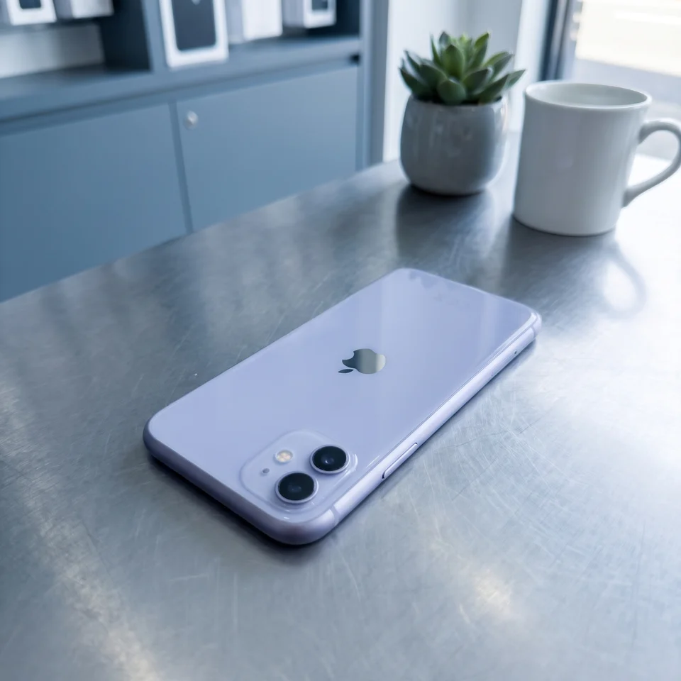 Apple iPhone 11 Purple refurbished resting on a hand, demonstrating colour and form factor
