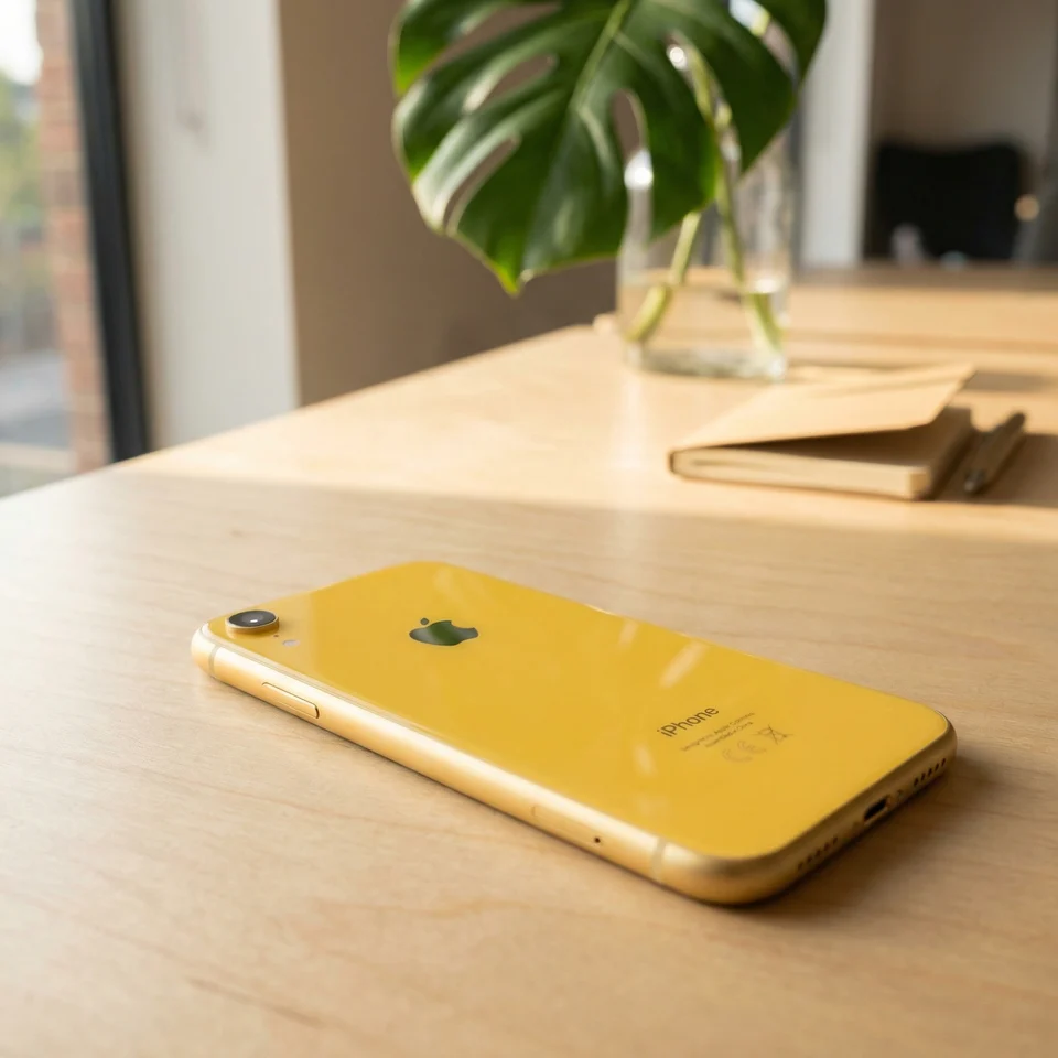 Refurbished Yellow iPhone XR in use, showing the colourful display