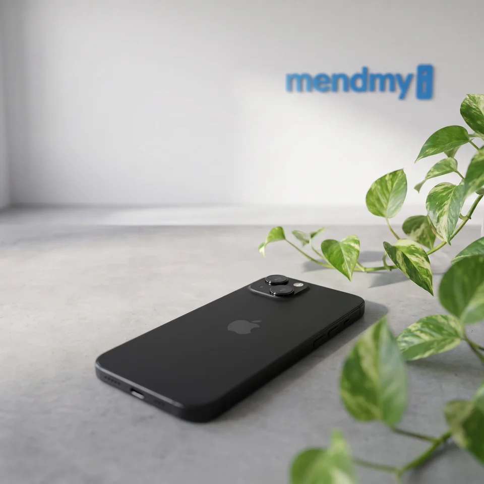 Apple iPhone 15 in Black being held with display on and USB-C cable nearby