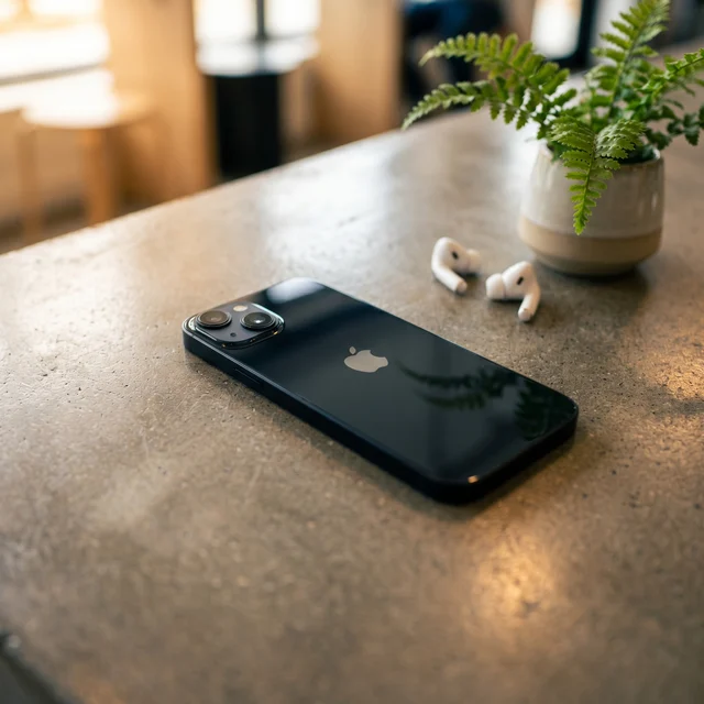 Hand holding a refurbished Apple iPhone 14 Plus in Midnight, showcasing the large 6.7-inch display in use