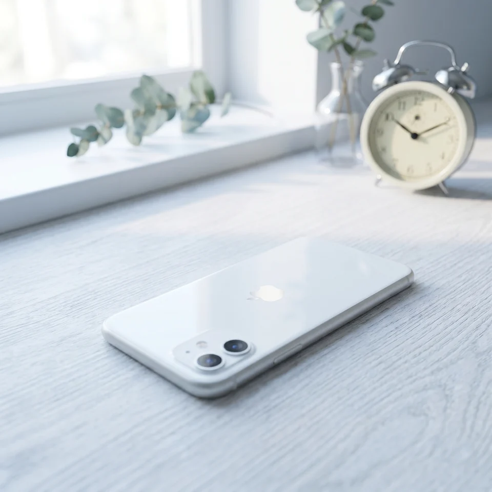 Person holding refurbished white iPhone 11, showcasing its design and display in everyday use