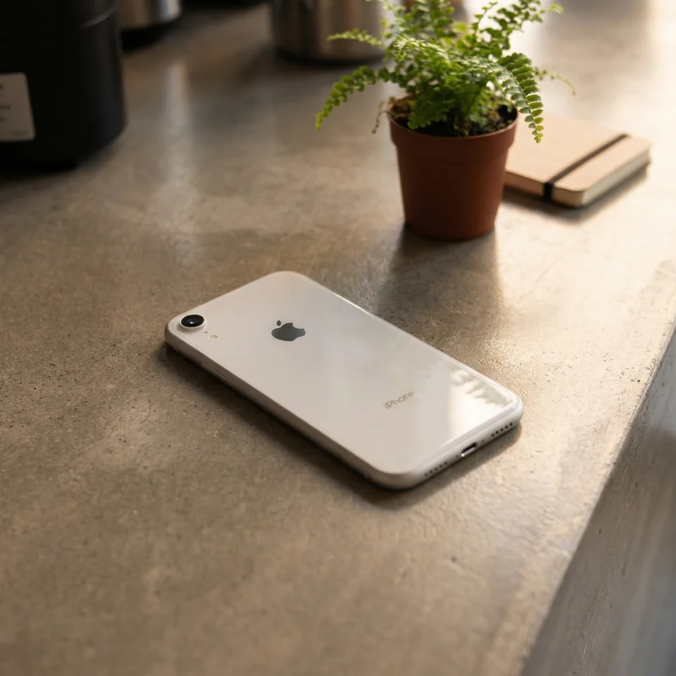 Refurbished white iPhone XR being used in everyday setting, showing display and design