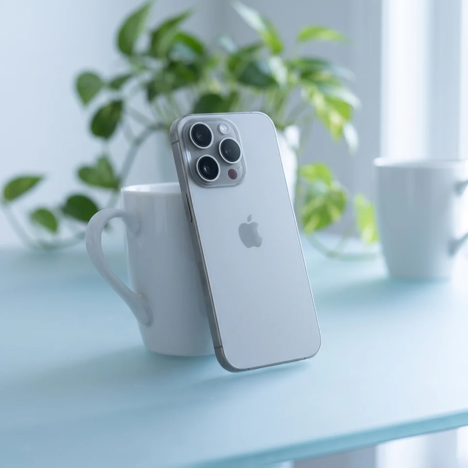 Apple iPhone 15 Pro Natural Titanium being held, displaying home screen