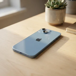 Person using a refurbished blue iPhone 14 in a everyday setting, showcasing its size and premium look