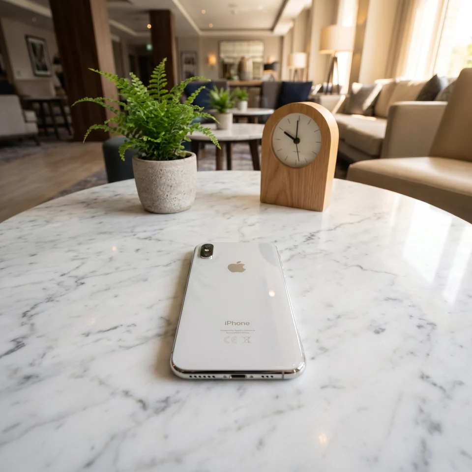 Lifestyle shot of iPhone XS Silver in hand, home screen on, refurbished by mendmyi