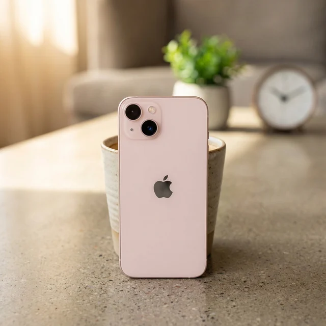 Refurbished iPhone 13 in Starlight being held, displaying its sleek design and screen in a everyday setting