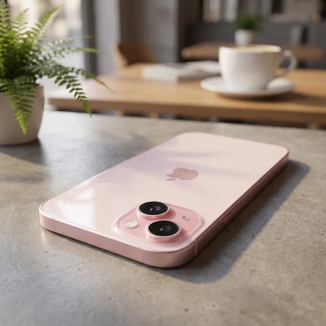 Apple iPhone 15 128GB Pink held in hand showing excellent refurbished condition, pink colour, lifestyle photography for mendmyi