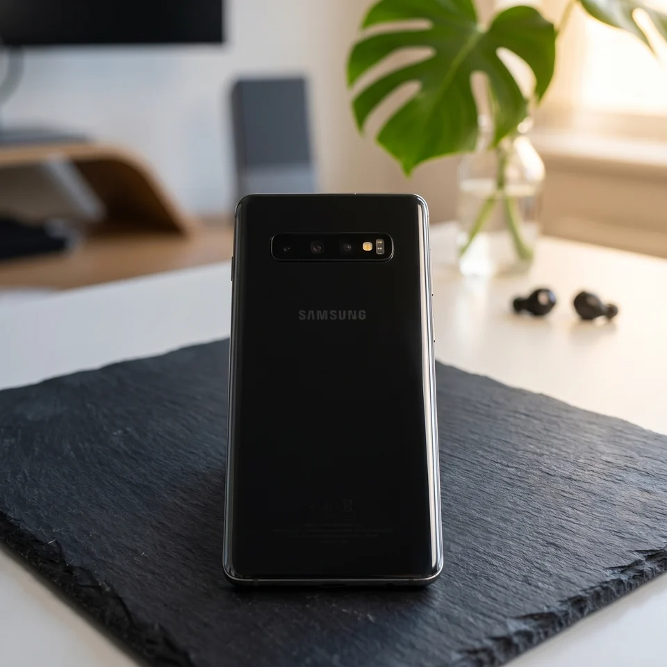 Refurbished Samsung Galaxy S10 128GB Prism Black lifestyle shot - excellent condition, 90% battery health.