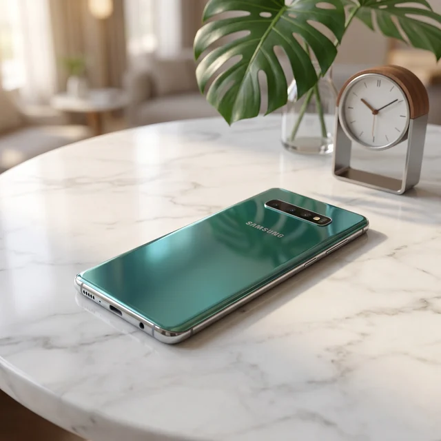 Person holding Samsung Galaxy S10+ Prism Green, demonstrating its premium design and clear display, refurbished by mendmyi.
