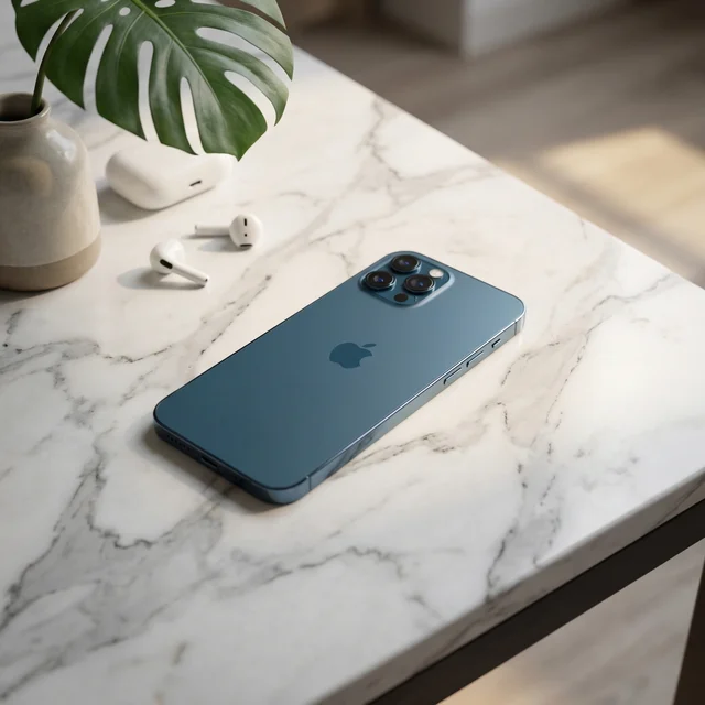 Refurbished iPhone 12 Pro Max in Pacific Blue being held, displaying its sleek design and large screen in a everyday setting.