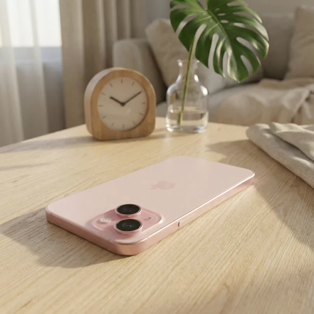 Person using a refurbished pink iPhone 15 to take a photo, showcasing its camera and sleek design