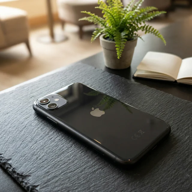 Refurbished iPhone 11 in use, showing someone holding the Black phone, illustrating its size and premium look.
