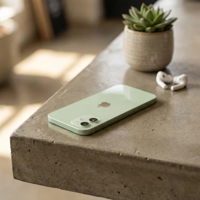 Person holding a refurbished green iPhone 12, showcasing its sleek design in everyday use