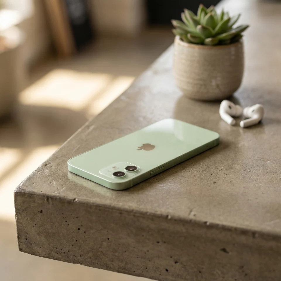 Person holding a refurbished green iPhone 12, showcasing its sleek design in everyday use