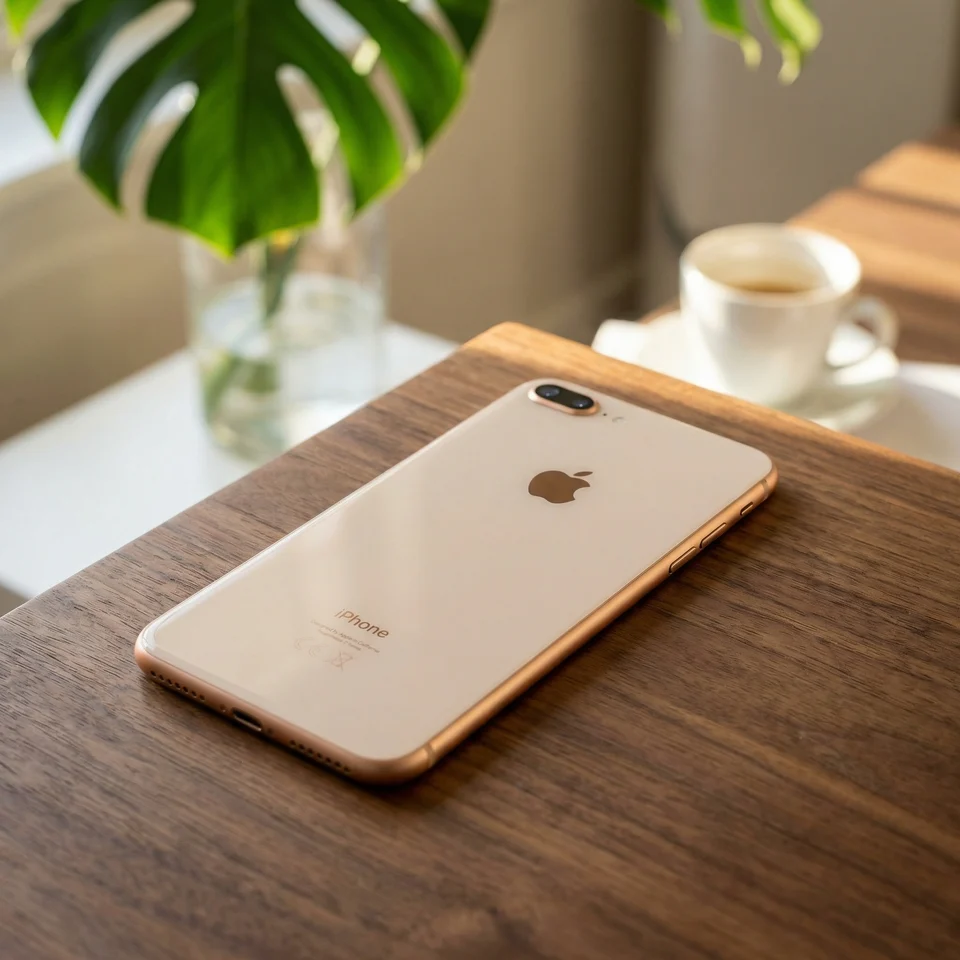 Refurbished iPhone 8 Plus in use showing camera interface and premium gold finish