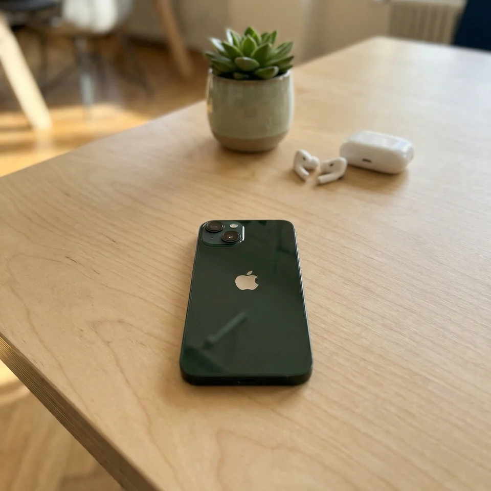 Refurbished green iPhone 13 in use, showing camera interface on the vibrant screen