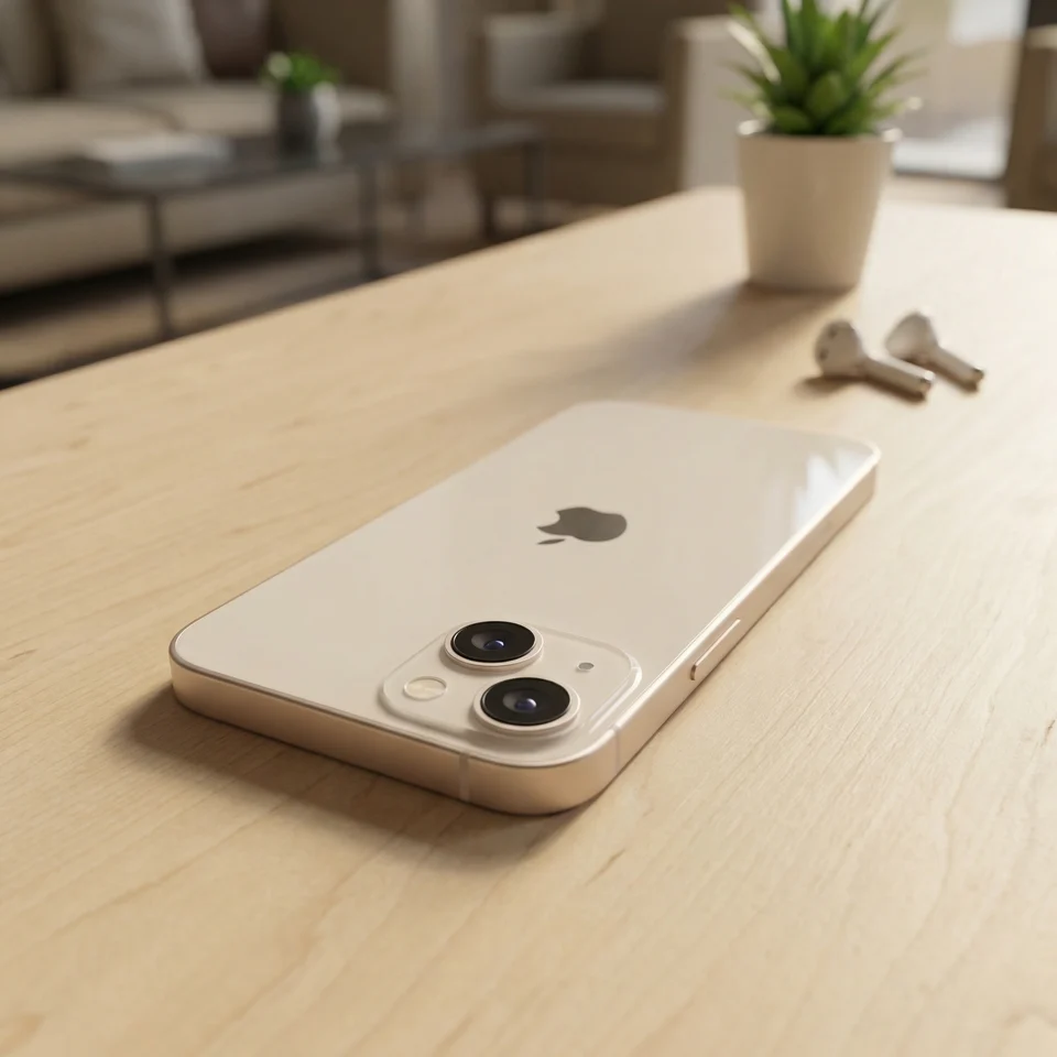 Refurbished pink iPhone 13 in use, showcasing its camera and display in a everyday setting