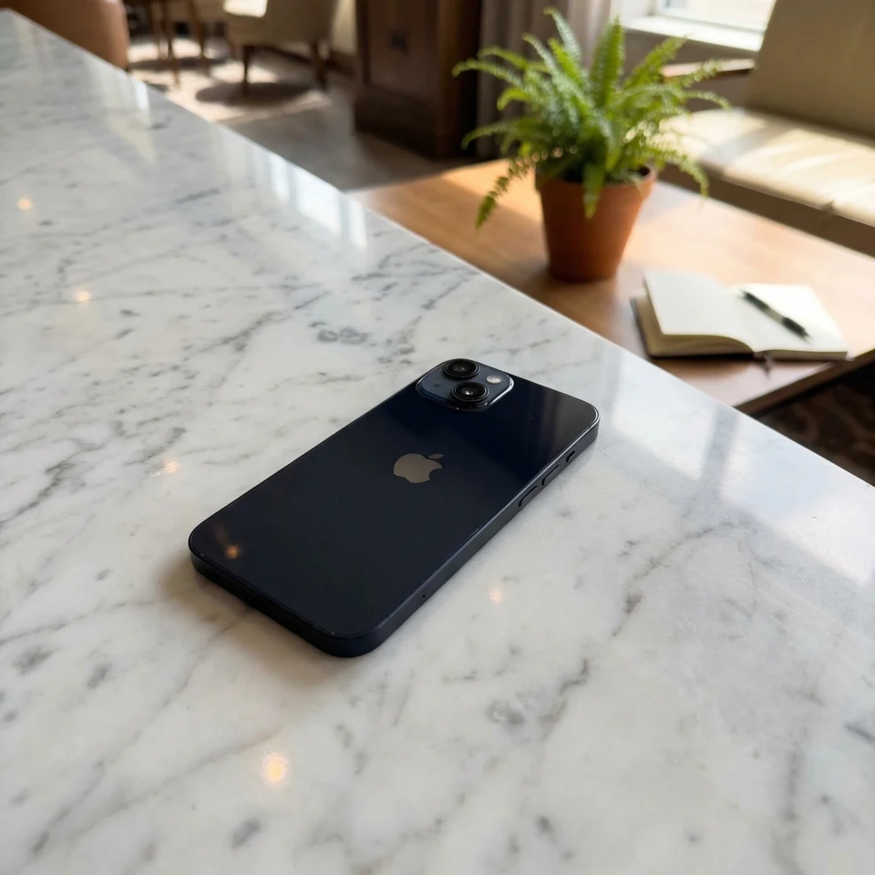 Person using refurbished Midnight iPhone 14 smartphone in everyday setting, showing display and camera in use