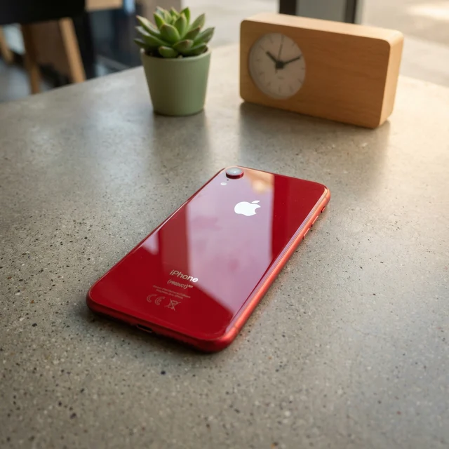 Person holding a refurbished red iPhone XR, showcasing its size and colour in daily use