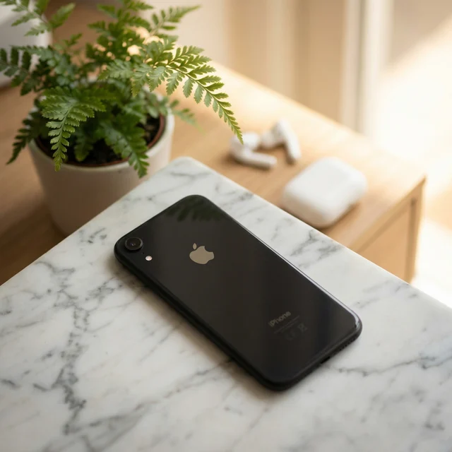 Refurbished iPhone XR in black being held, showing its sleek design in a everyday setting