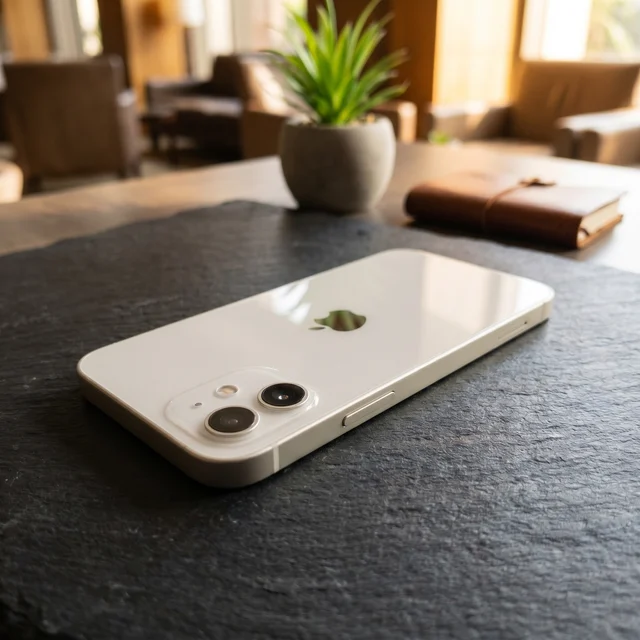 mendmyi Apple iPhone 12 White shown in hand, certified refurbished with 100% battery