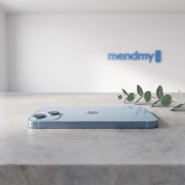 Blue Apple iPhone 14 with 6.1-inch Super Retina XDR display in hand