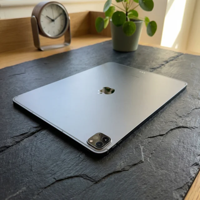 Refurbished iPad Pro 12.9 being used creatively with Apple Pencil on desk with notebook and coffee