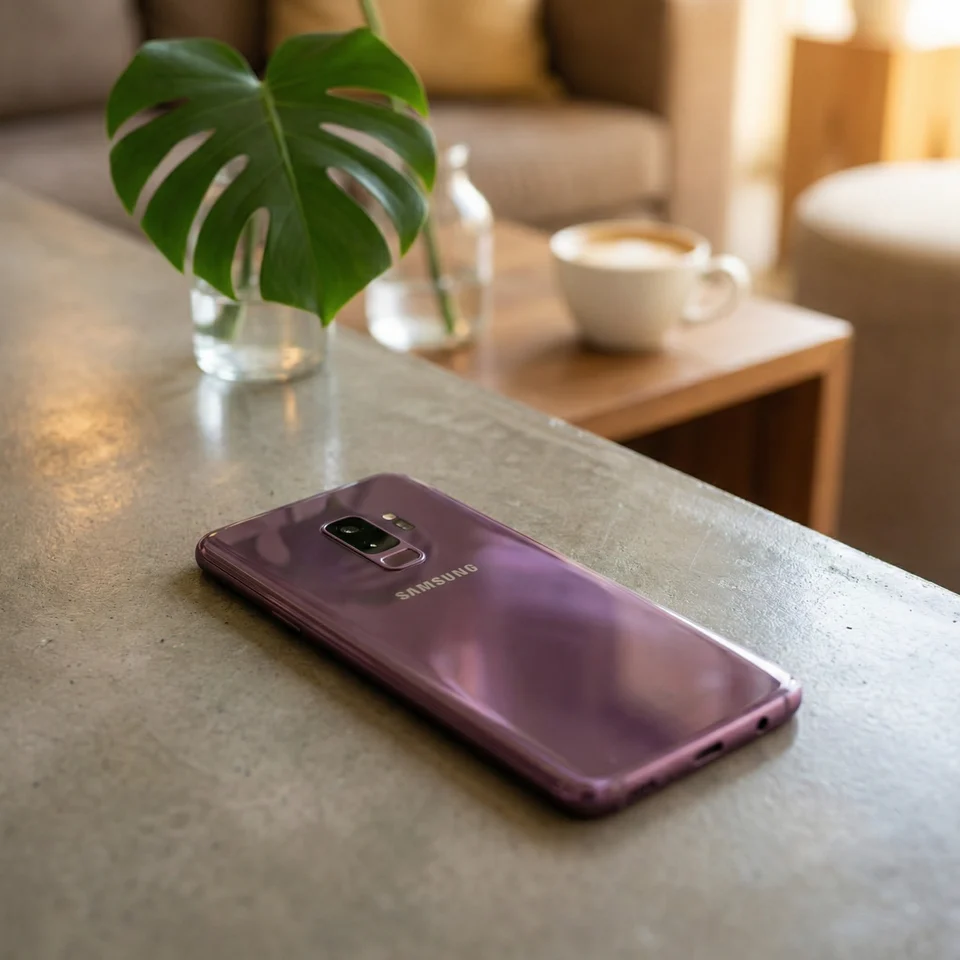 Refurbished Samsung Galaxy S9 in purple being held, showcasing its size and premium finish