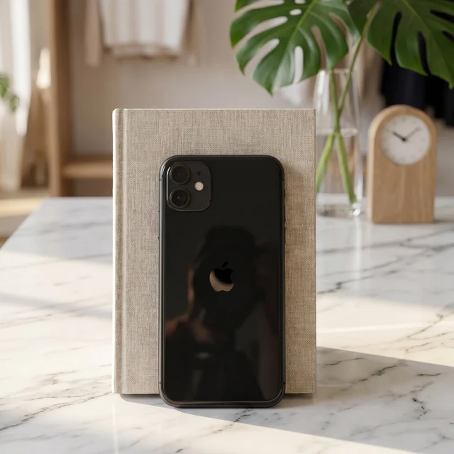 A person holding a black iPhone 11, demonstrating its slim design and large bright Liquid Retina display