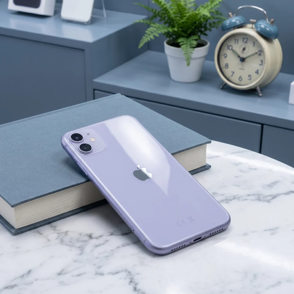 Apple iPhone 11 Purple in hand, showing screen and vibrant colour, refurbished with 100% battery, mendmyi.