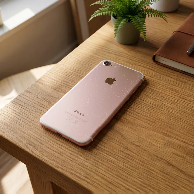 Rose Gold iPhone 7 32GB held in hand, screen on, from mendmyi refurbished