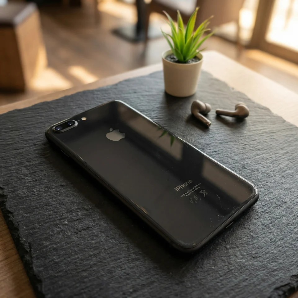 Refurbished iPhone 8 Plus in use, showcasing its large screen and camera capabilities in a everyday setting
