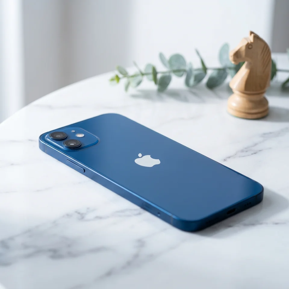 Refurbished Apple iPhone 12 Blue in use, showing 5G connectivity and iOS interface