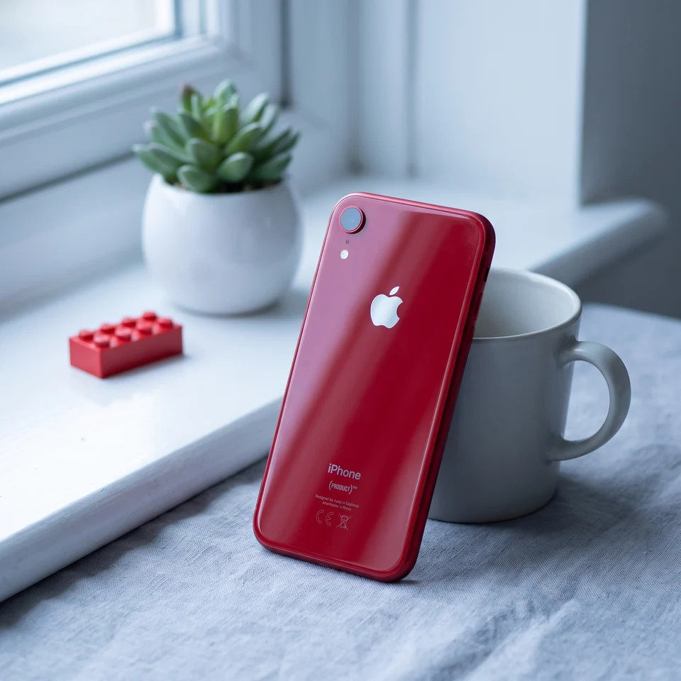 Apple iPhone XR (PRODUCT)RED being held in hand, excellent refurbished condition, vibrant screen visible