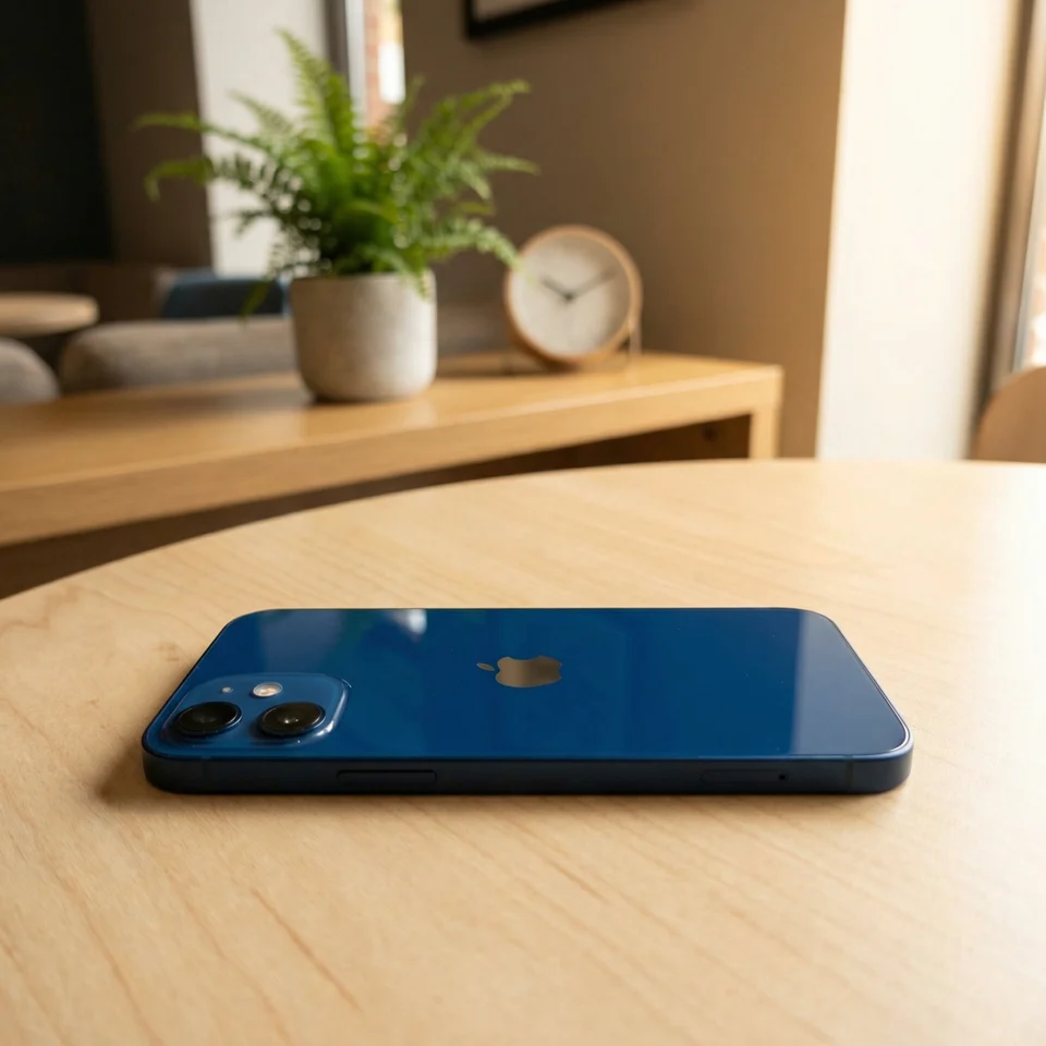 Person holding refurbished blue iPhone 12 Mini, showcasing its compact size and excellent condition