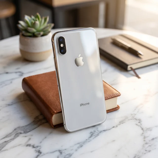 Apple iPhone X White held in hand on a wooden table, demonstrating its sleek design