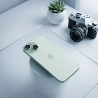 Apple iPhone 15 128GB Green being held, showing slim design and green colour.