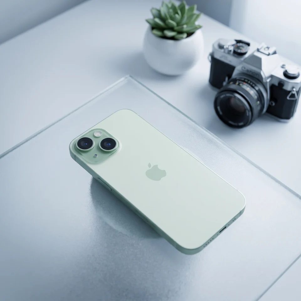 Apple iPhone 15 128GB Green being held, showing slim design and green colour.