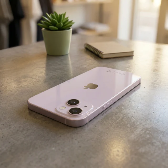 Refurbished pink iPhone 13 in use, showcasing its sleek design and camera capabilities in a everyday setting