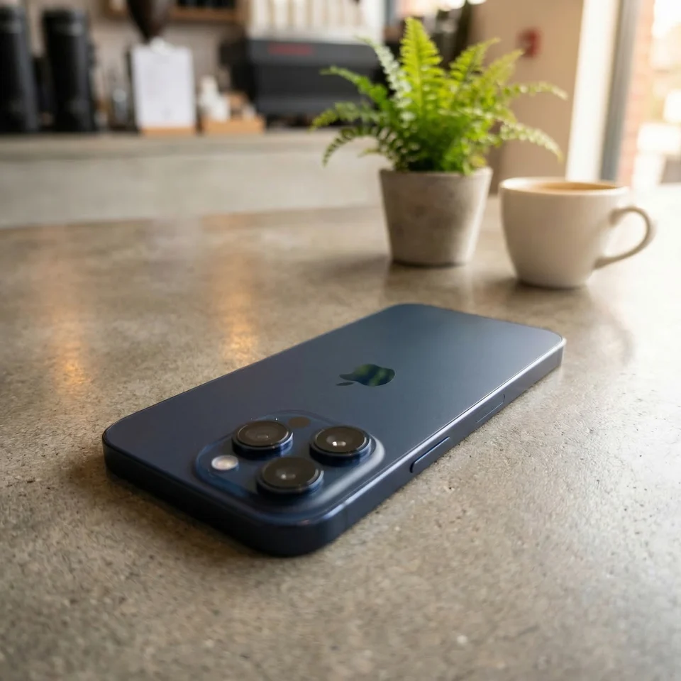 Refurbished Blue iPhone 17 Pro in use, showing the vibrant screen, held in a person's hand in a casual setting.