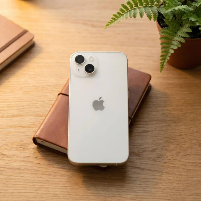 Refurbished iPhone 13 in Starlight being held in hand, showcasing its slim design and screen in a casual setting