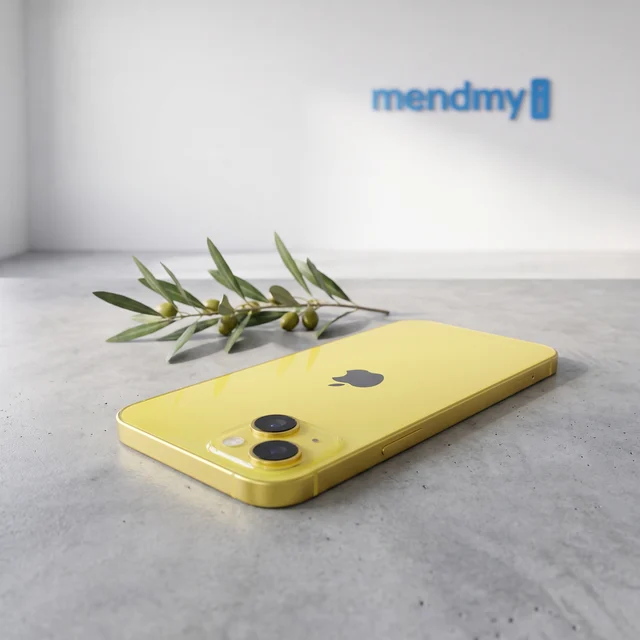 Yellow Apple iPhone 14 Plus held in hand, showing the screen and camera in a lifestyle setting.