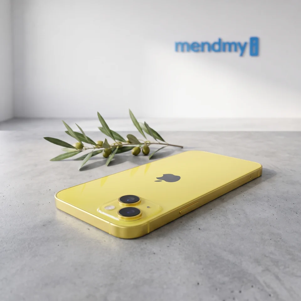 Yellow Apple iPhone 14 Plus held in hand, showing the screen and camera in a lifestyle setting.