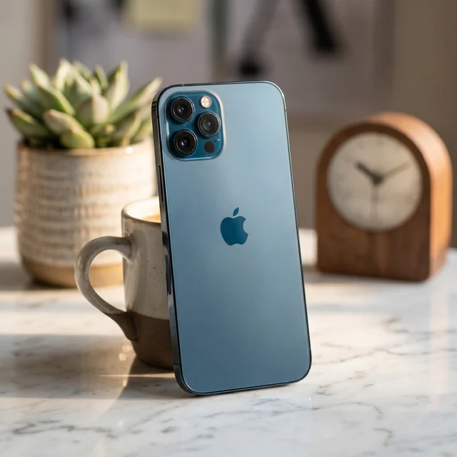 iPhone 12 Pro Max in Pacific Blue held in hand, vibrant Super Retina XDR display, refurbished by mendmyi