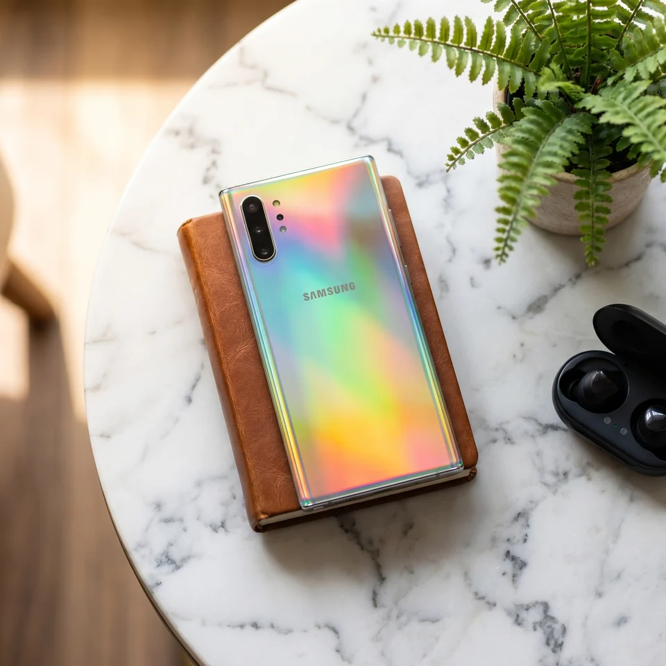 Person using Samsung Galaxy Note10+ 5G Aura Glow with S Pen, showcasing the Dynamic AMOLED display, refurbished by mendmyi