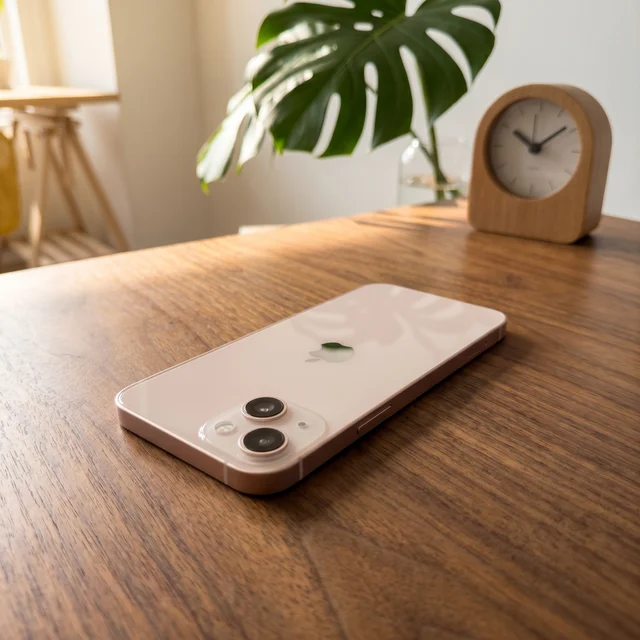 Lifestyle photo of person holding the pink iPhone 13, demonstrating its slim design, camera quality, and excellent condition, from mendmyi
