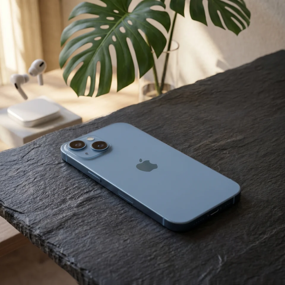 Person holding a blue iPhone 14, showcasing its excellent condition and display in use