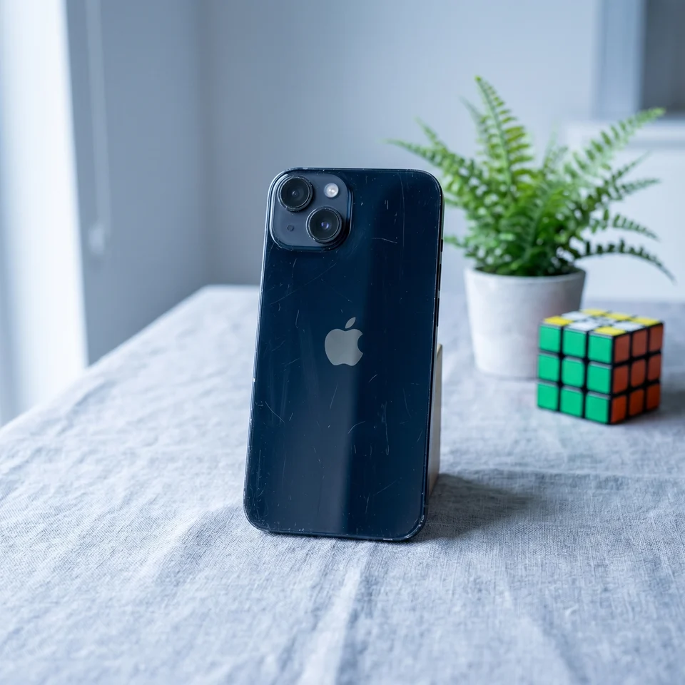 Refurbished Apple iPhone 14 128GB Midnight lifestyle shot, showing screen